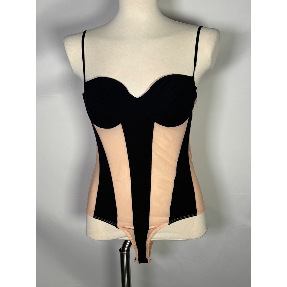 Zara Womens Black Nude Mesh Colorblock Underwire Bodysuit Size Medium Thong Snap
